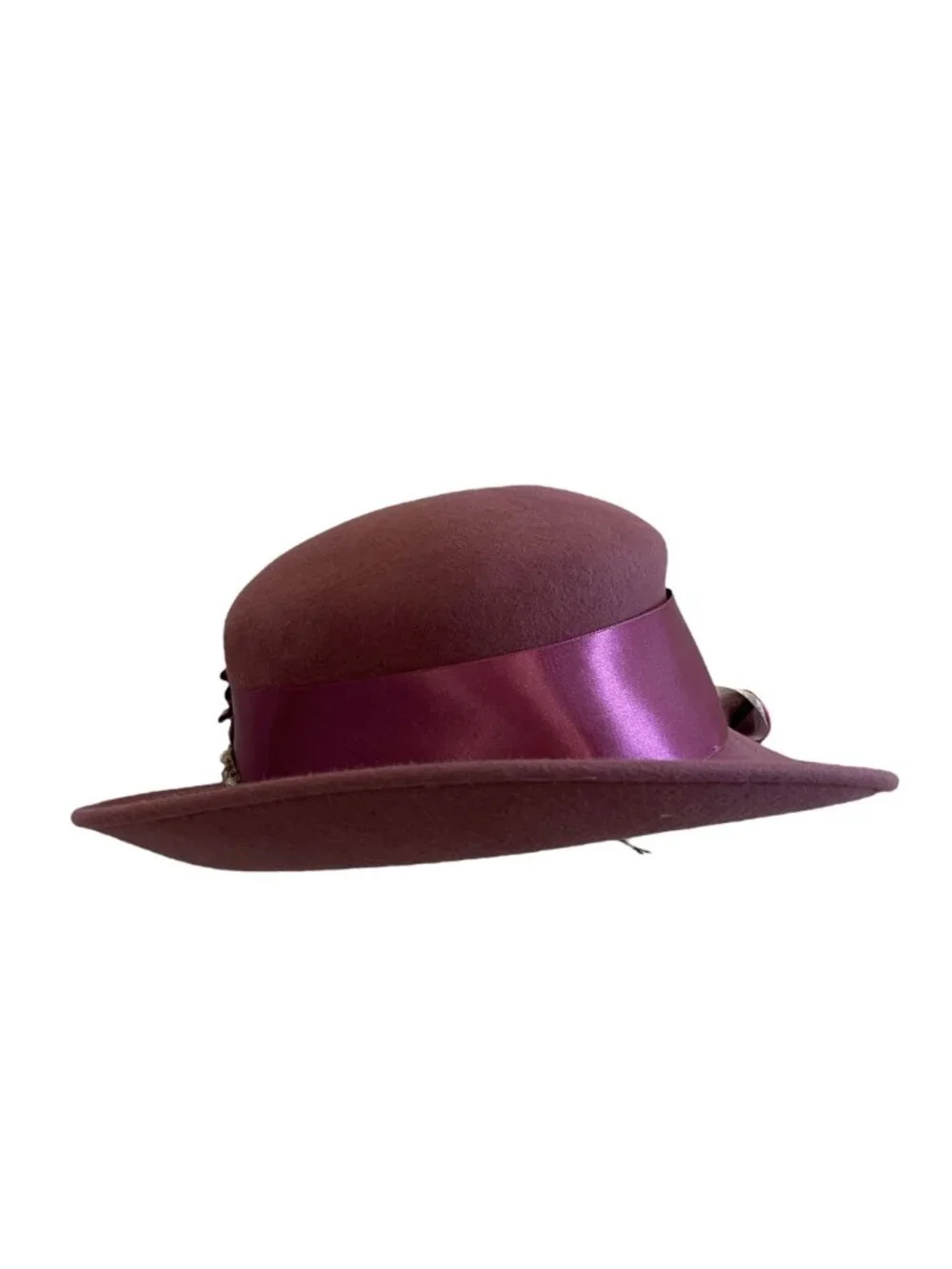 Louise Green Pink Wool Felt Wide Brim Hat Satin Ribbon  Rhinestone Embellishment